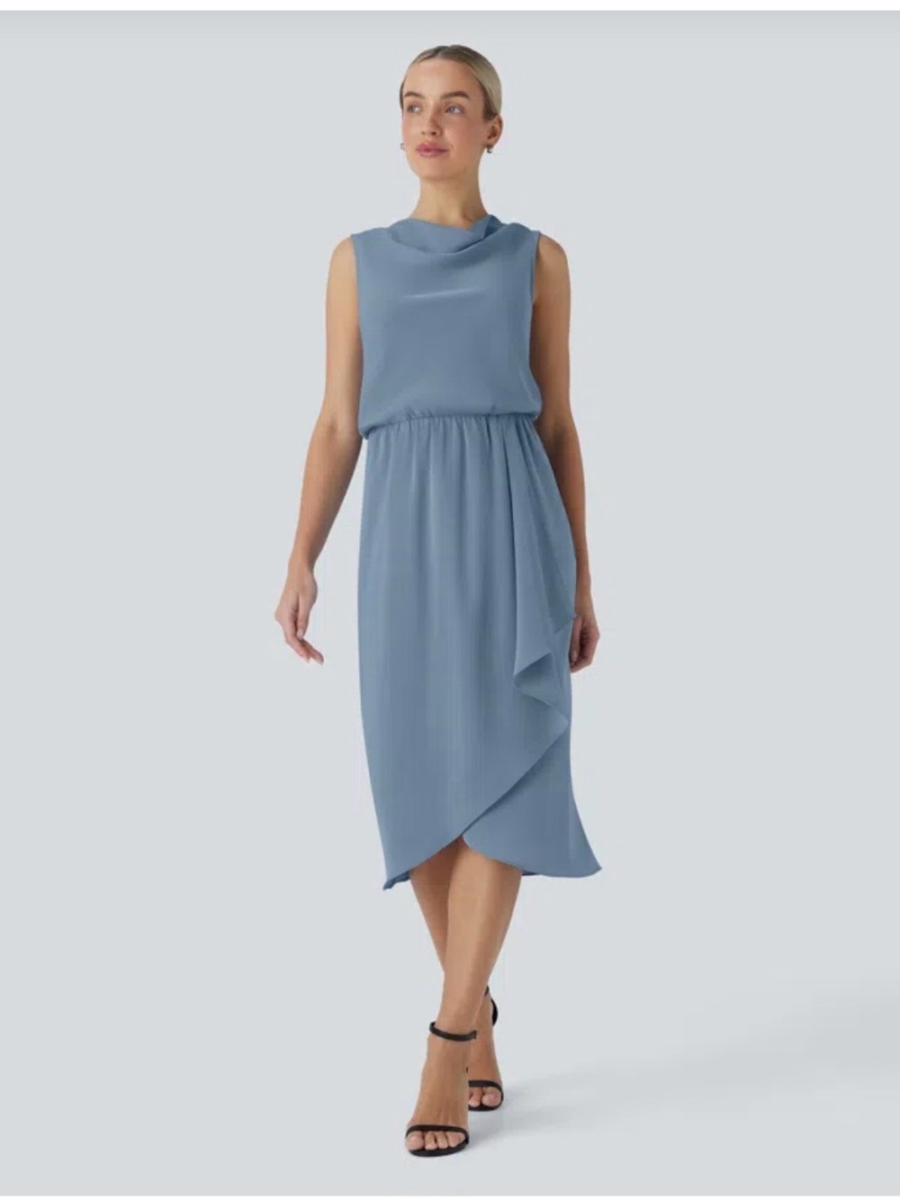HALARA Sleeveless Draped Midi Dress in Dusty Blue